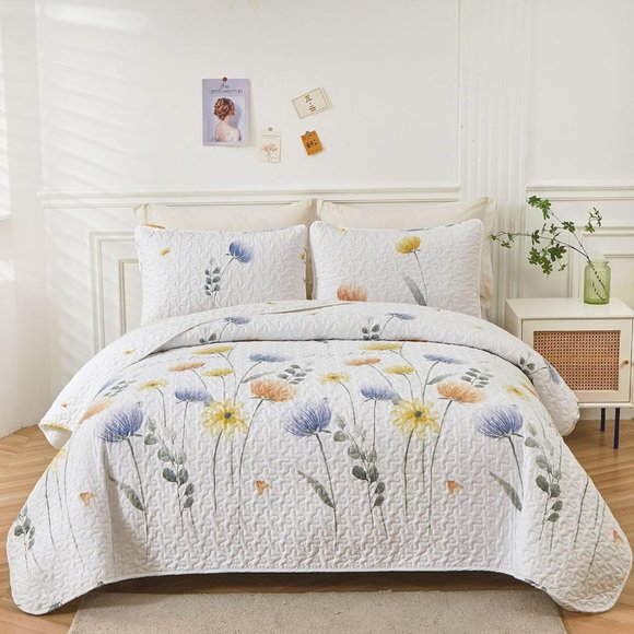 New Blue & Yellow Floral 3-Piece 100% Polyester Quilt Set • Reversible • KING - Picture 2 of 8